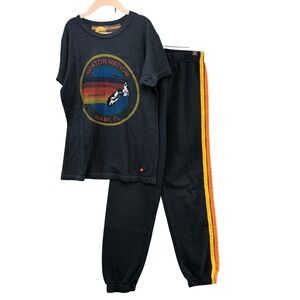 Aviator Nation 2pc Set Kids 12 Unisex Charcoal Miami Graphic Tee Joggers Stripes